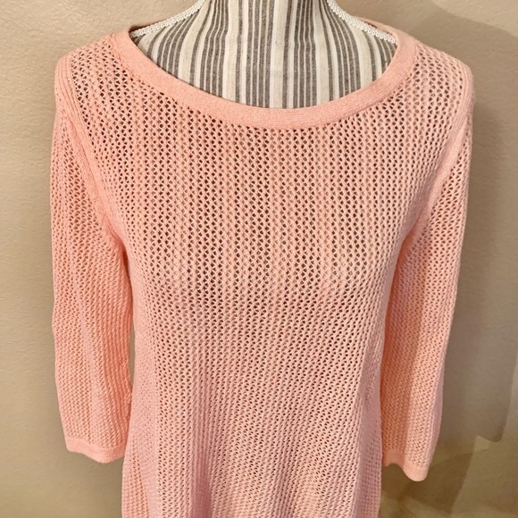 Talbots Sweater Small Coral Knit Crochet design Long BoatNeck 3/4 Sleeve Slits - Picture 2 of 16
